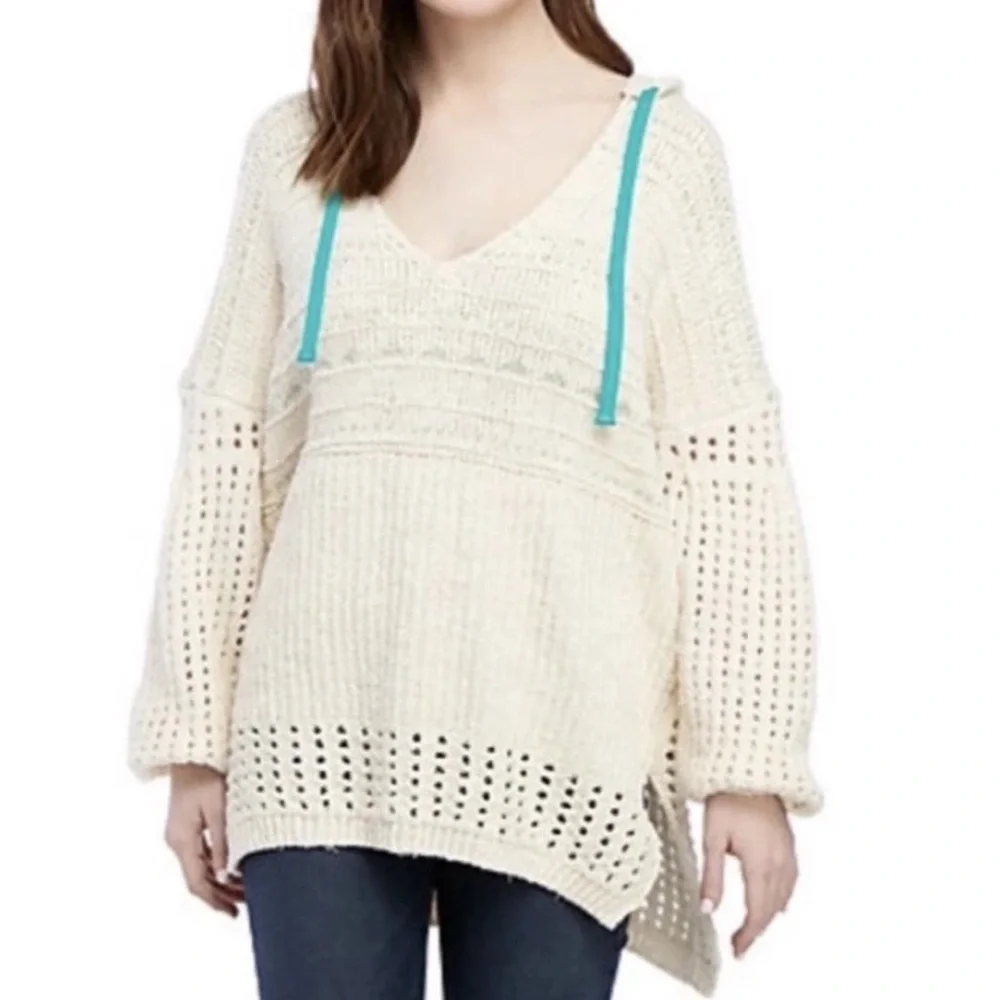 Free People One That I Want crochet oversize hooded sweater